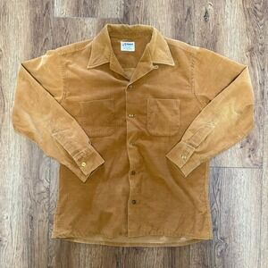 VTG 70s Topps Corduroy Shirt Womens M Brown Cotton Button Down Made in Hong Kong